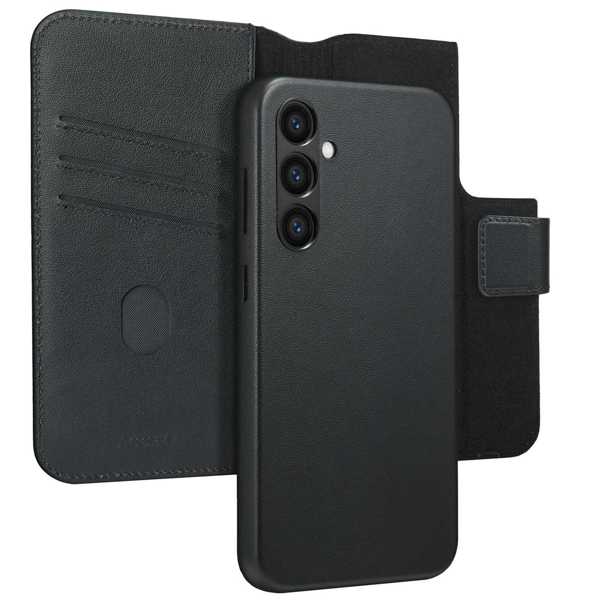 Schwarzes Telefon in einer schwarzen Leder-Geldbörsen-Handyhülle mit Kartenfächern. Gehäuse offen.