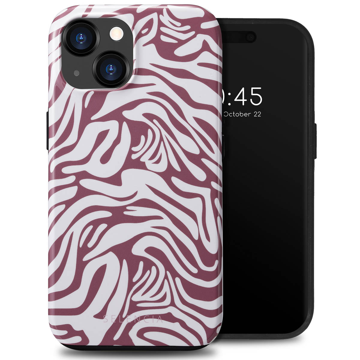 Téléphone dans une coque avec un motif zébré bordeaux et blanc.