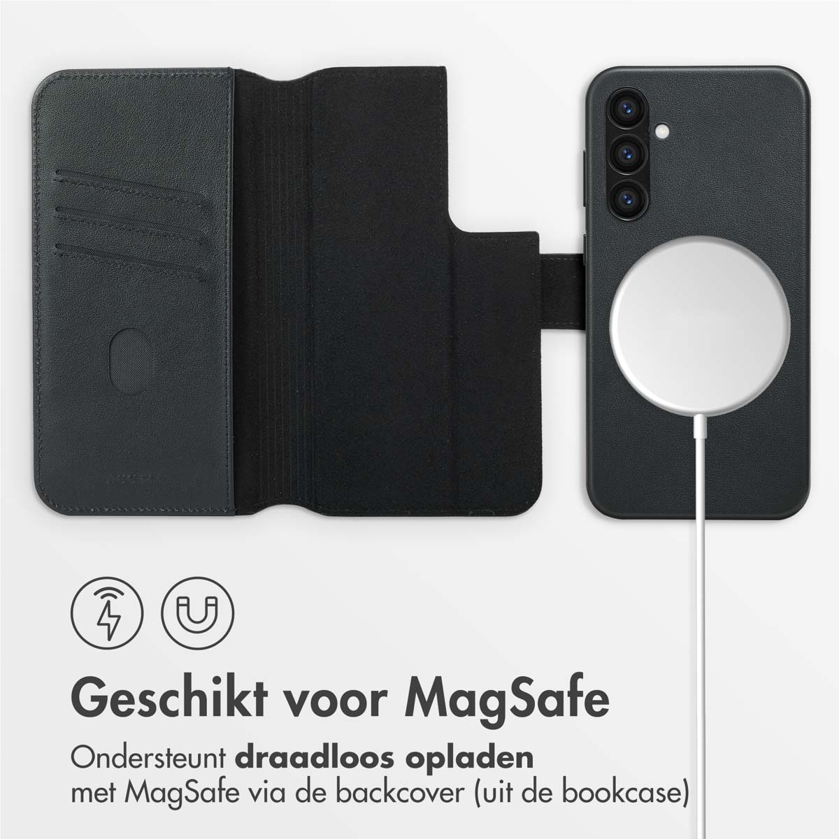 Telefoon met zwart hoesje, in een portemonnee-achtig hoesje. Een draadloze oplader is zichtbaar.