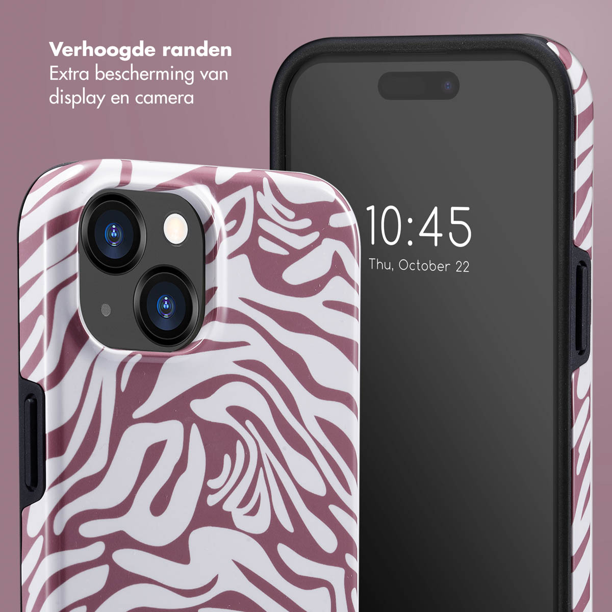 Coque de téléphone avec imprimé zébré, téléphone dans la coque. La coque a des bords surélevés. Le téléphone affiche l'heure et la date.