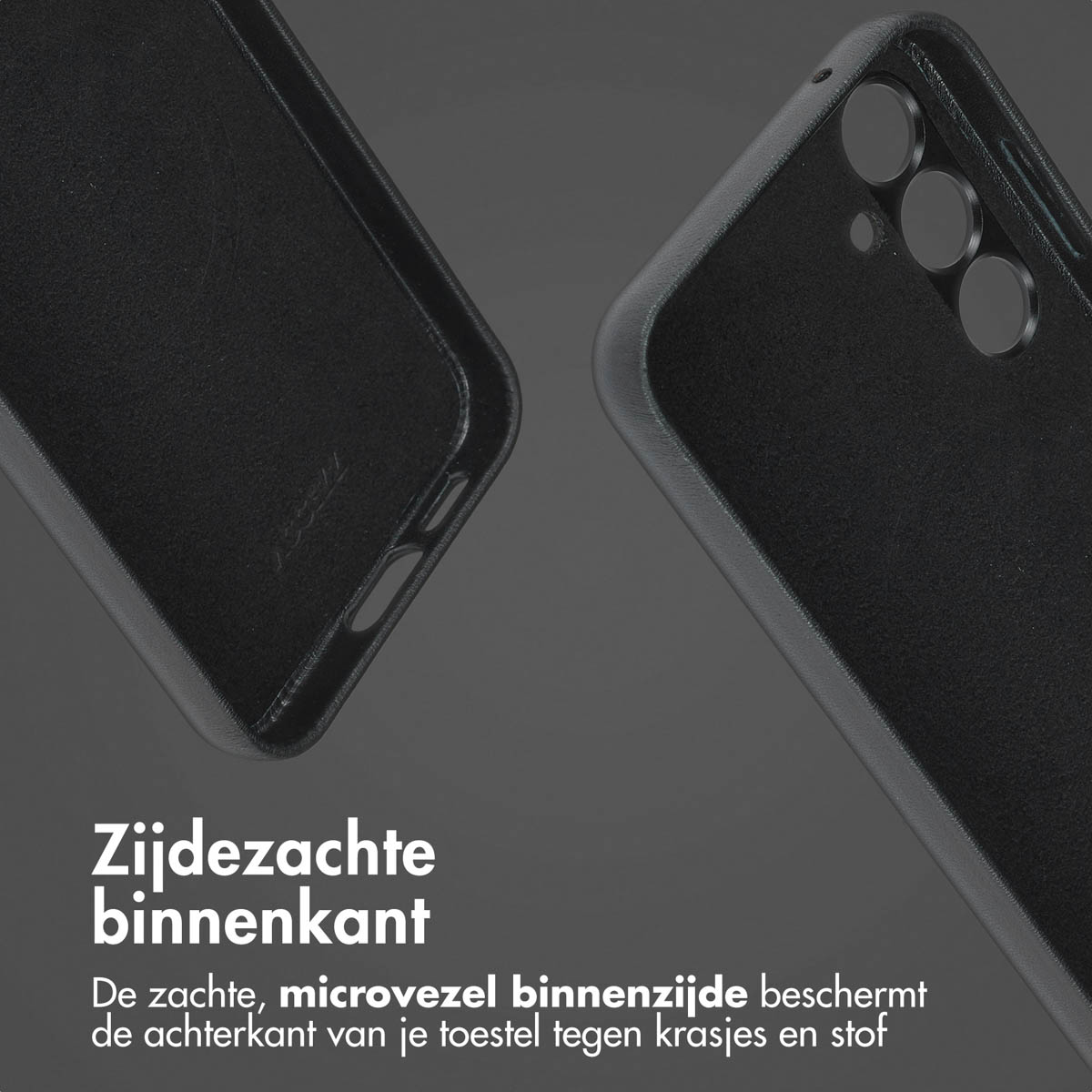 Details van een zwarte telefoonhoes. De focus ligt op de binnenvoering en het drievoudige cameradesign.