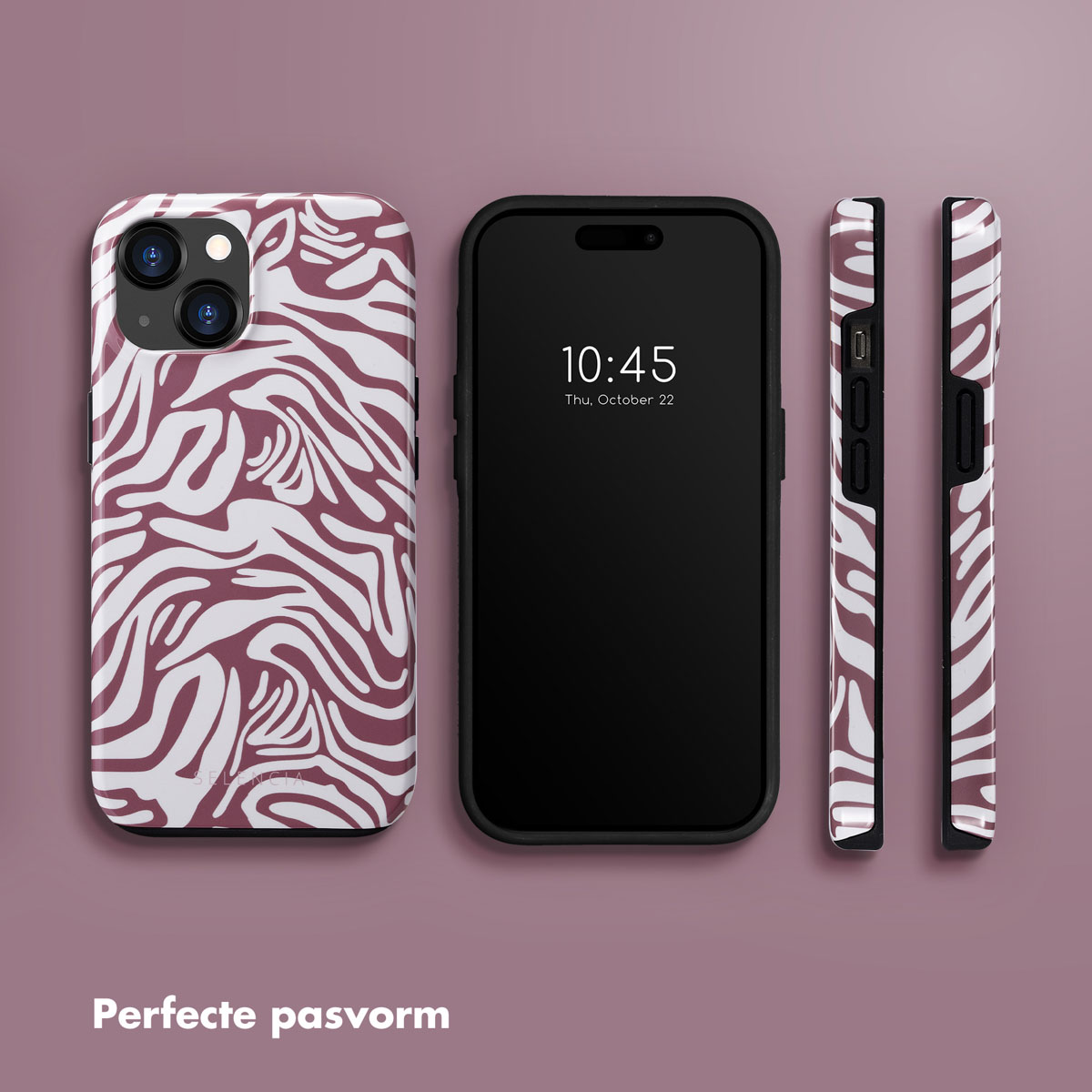 Trois coques de téléphone, une sur un téléphone. Motif zébré et un téléphone.