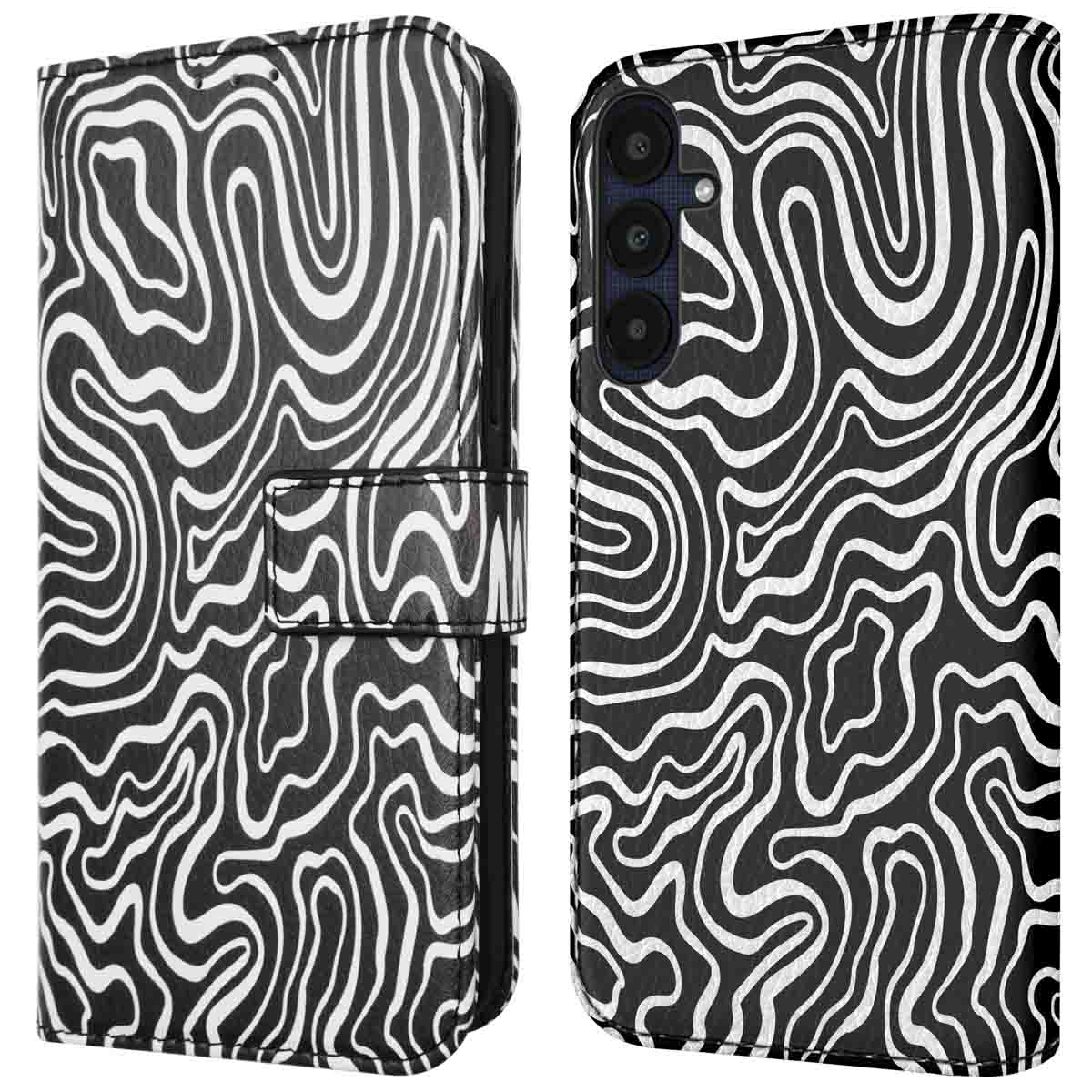 Telefoonhoesje met een zwart-wit golvend patroon. De hoes is open, toont de achterkant van de telefoon.