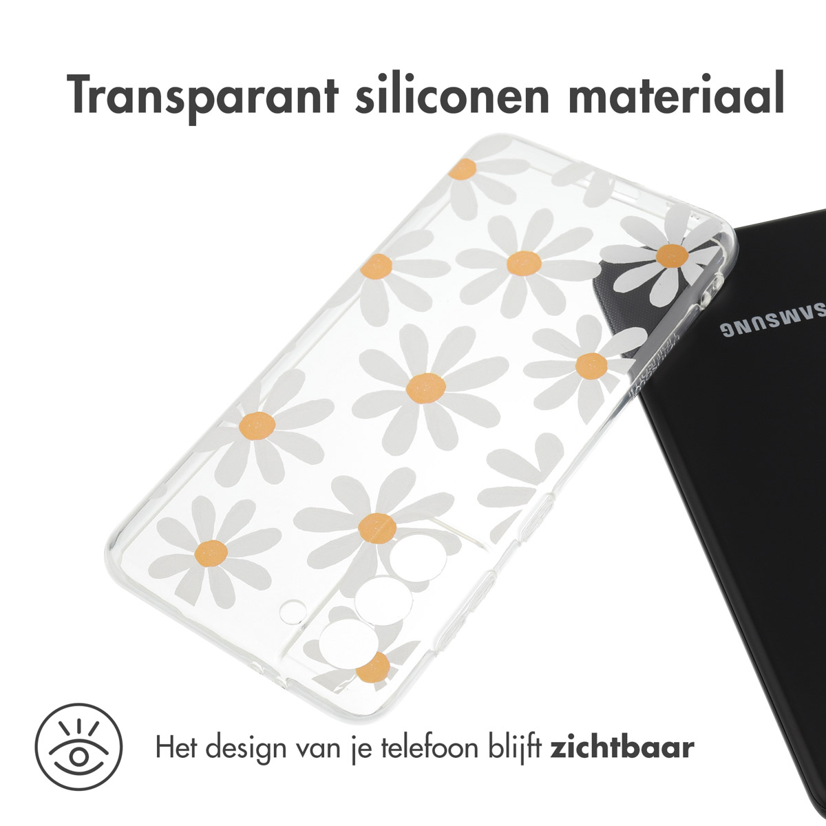 Custodia trasparente con design floreale a margherita. Il telefono è visibile. Testo: Materiale siliconico trasparente.