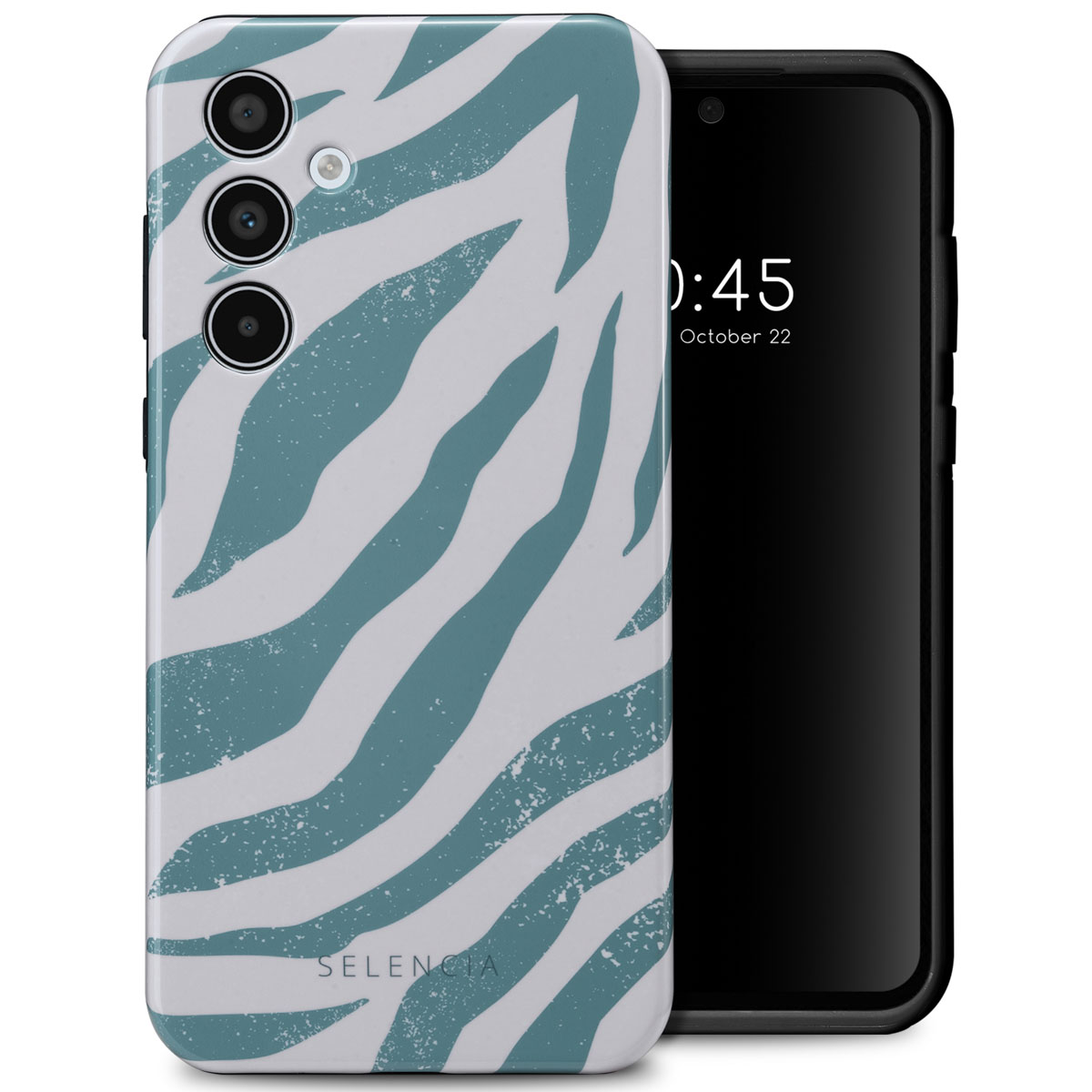 Coque de téléphone à imprimé zébré avec un téléphone noir à droite.