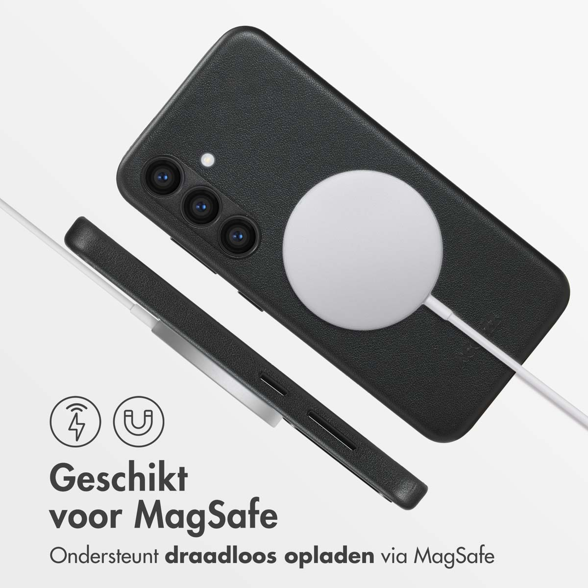 Zwarte telefoon en draadloze oplader. Tekst: Geschikt voor MagSafe. Ondersteunt draadloos opladen via MagSafe.