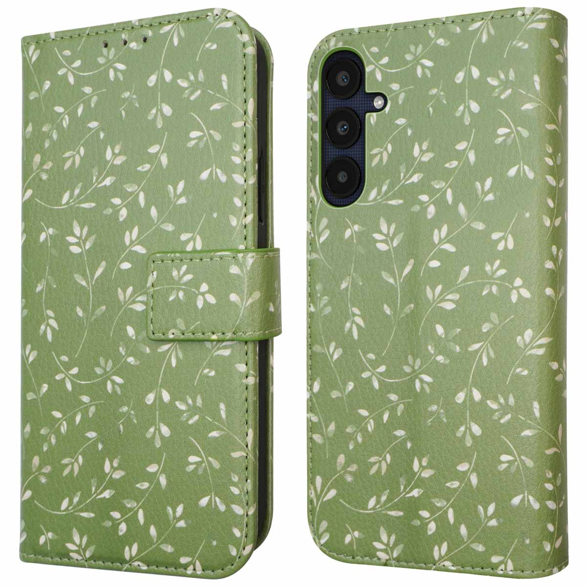 Coque de téléphone verte avec un motif de feuilles florales blanches. Style portefeuille, avec un fermoir.