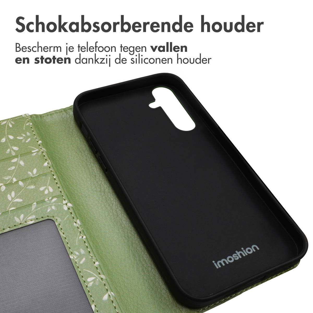 Coque de téléphone verte avec un téléphone à l'intérieur. La coque est ouverte.
