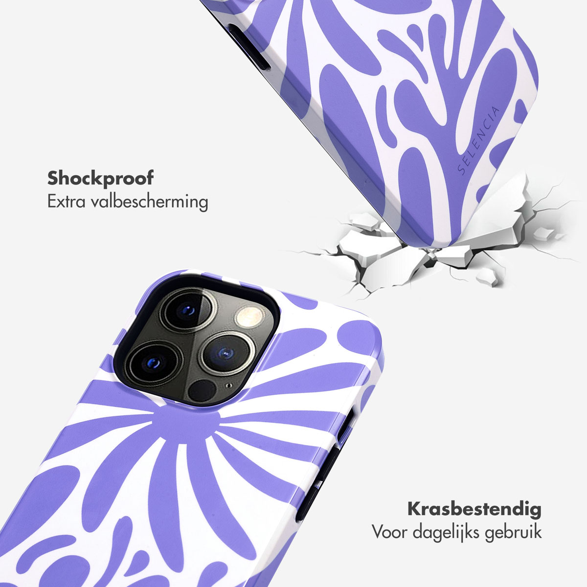 Telefoonhoesje met een paars en wit design. De telefoonhoes valt en barst de grond.