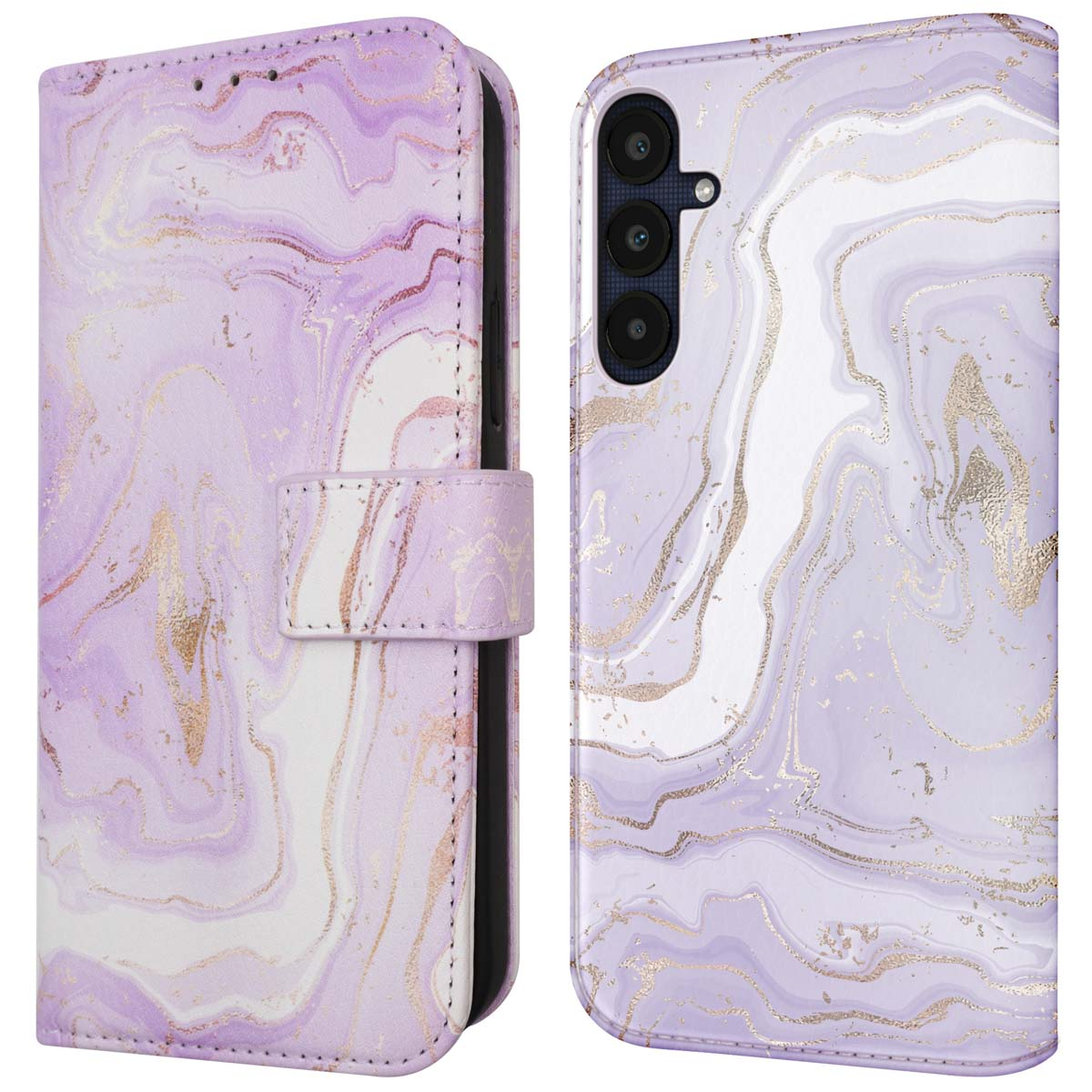 Coque de téléphone avec un motif marbré, violet et doré. La coque est ouverte et montre l'intérieur avec le téléphone.