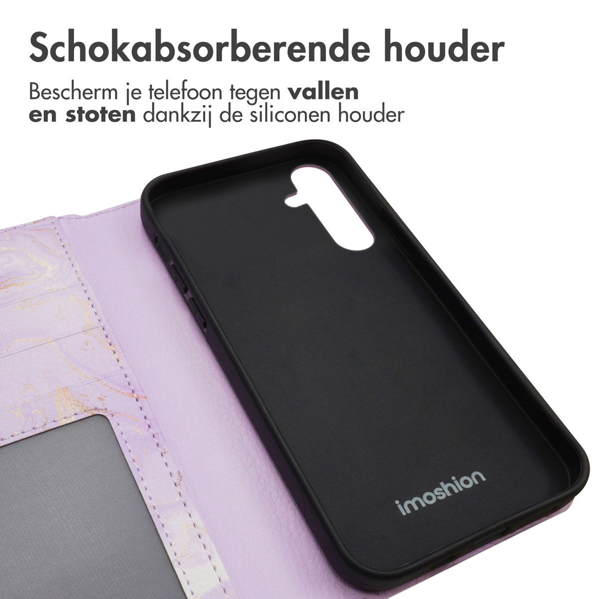Coque de téléphone avec un motif marbre violet. La coque est ouverte.