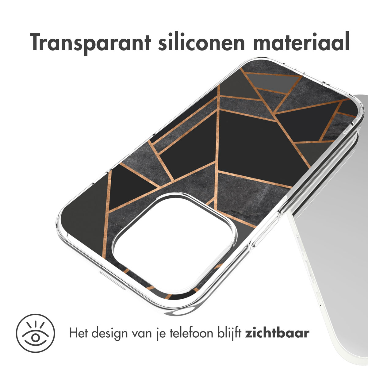 Custodia trasparente con design geometrico nero. Design del telefono visibile. Sfondo bianco.