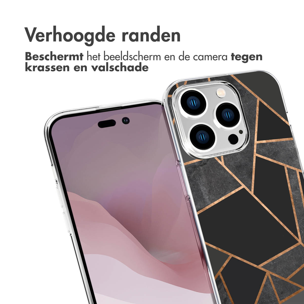Custodia per telefono con design in marmo nero con accenti dorati. Bordi rialzati per la protezione.