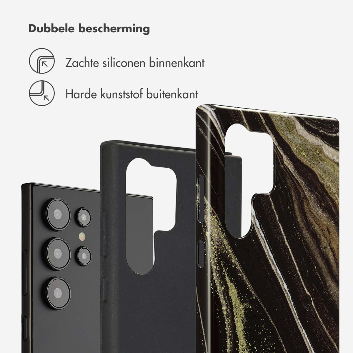 Telefoonhoesje met een marmerdesign en een telefoon erin. Zwart, binnenin.