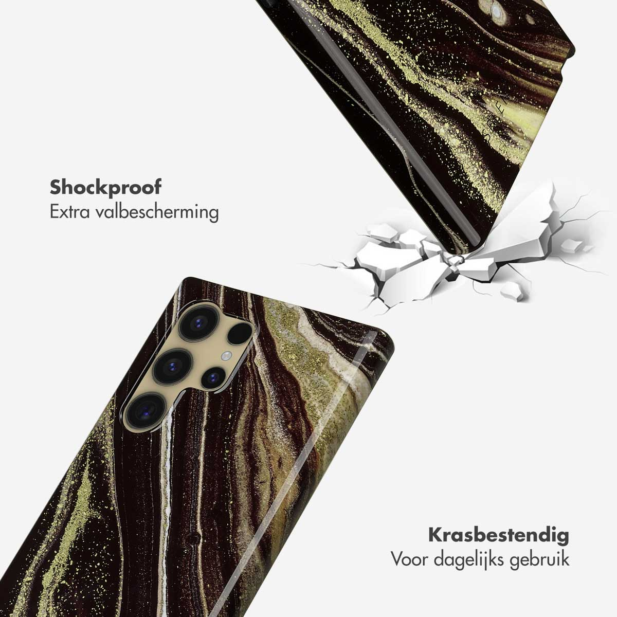Telefoonhoesje met goud-bruin marmerontwerp. De telefoon valt naar beneden en breekt de vloer.