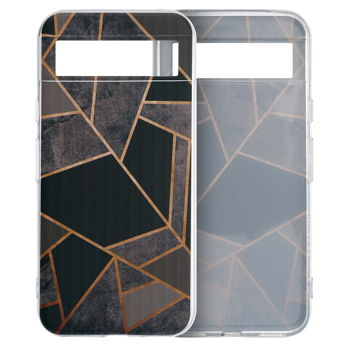 Zwei Handyhüllen mit geometrischem Design. Eine ist schwarz und grau mit goldenen Linien, die andere klar.