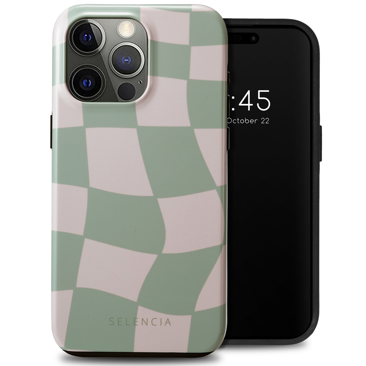 Telefoonhoesje met een dambordpatroon en een telefoon erin. De hoes is roze en groen met het SELENCIA-logo.