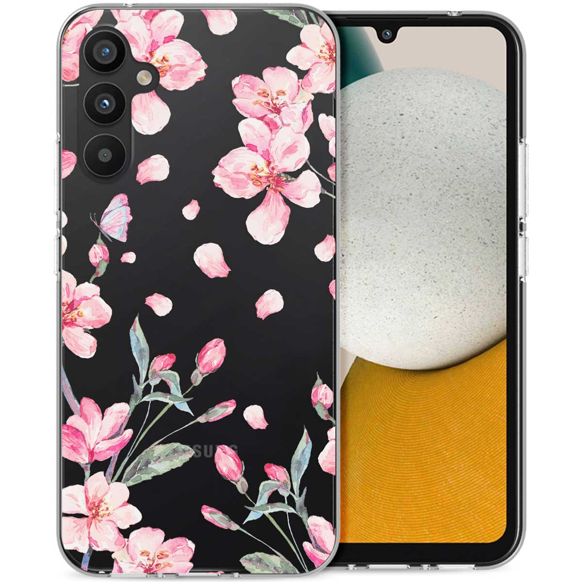 Coque de téléphone noire avec motif floral rose et un téléphone.