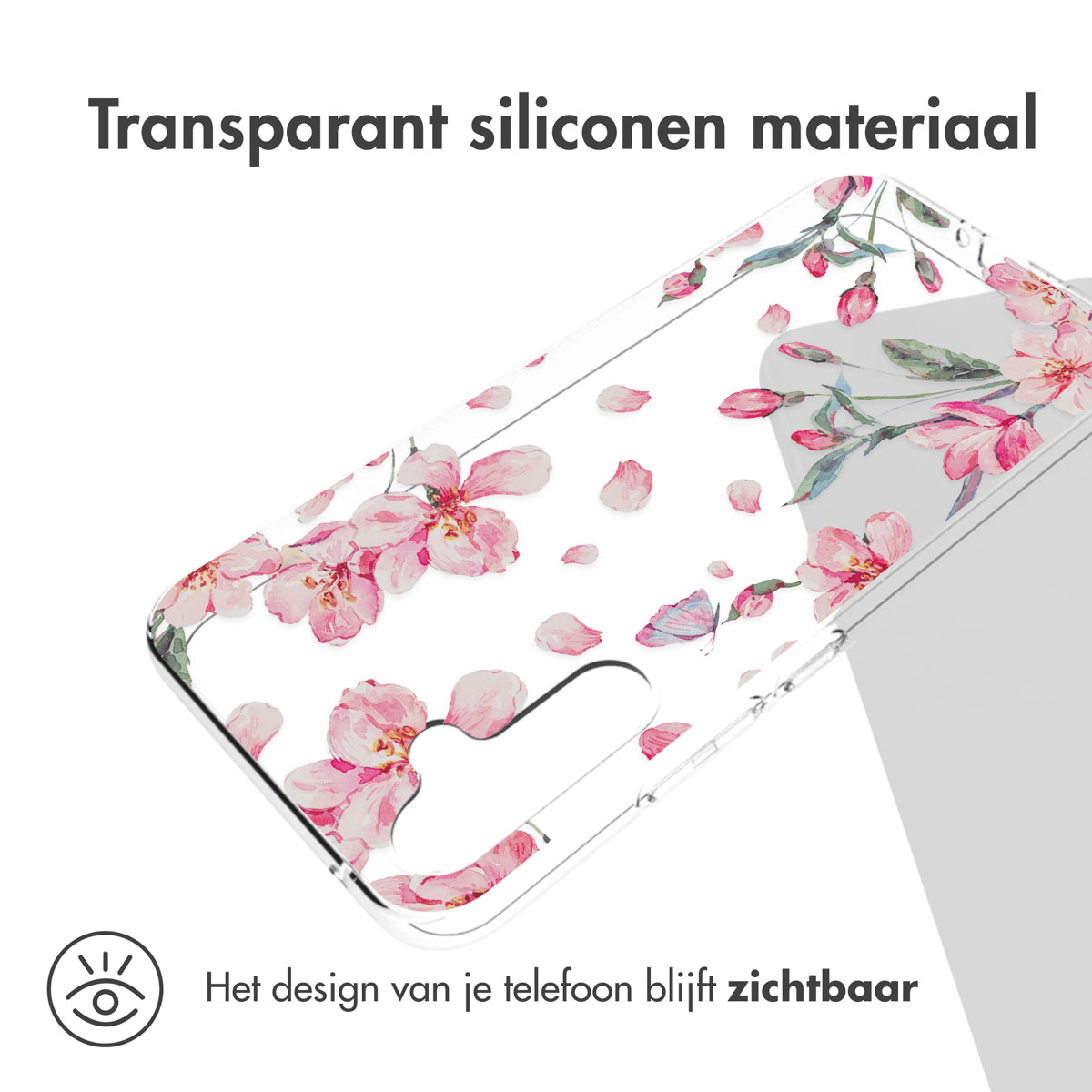 Téléphone dans une coque transparente avec motif floral. La coque est transparente, affichant le design.