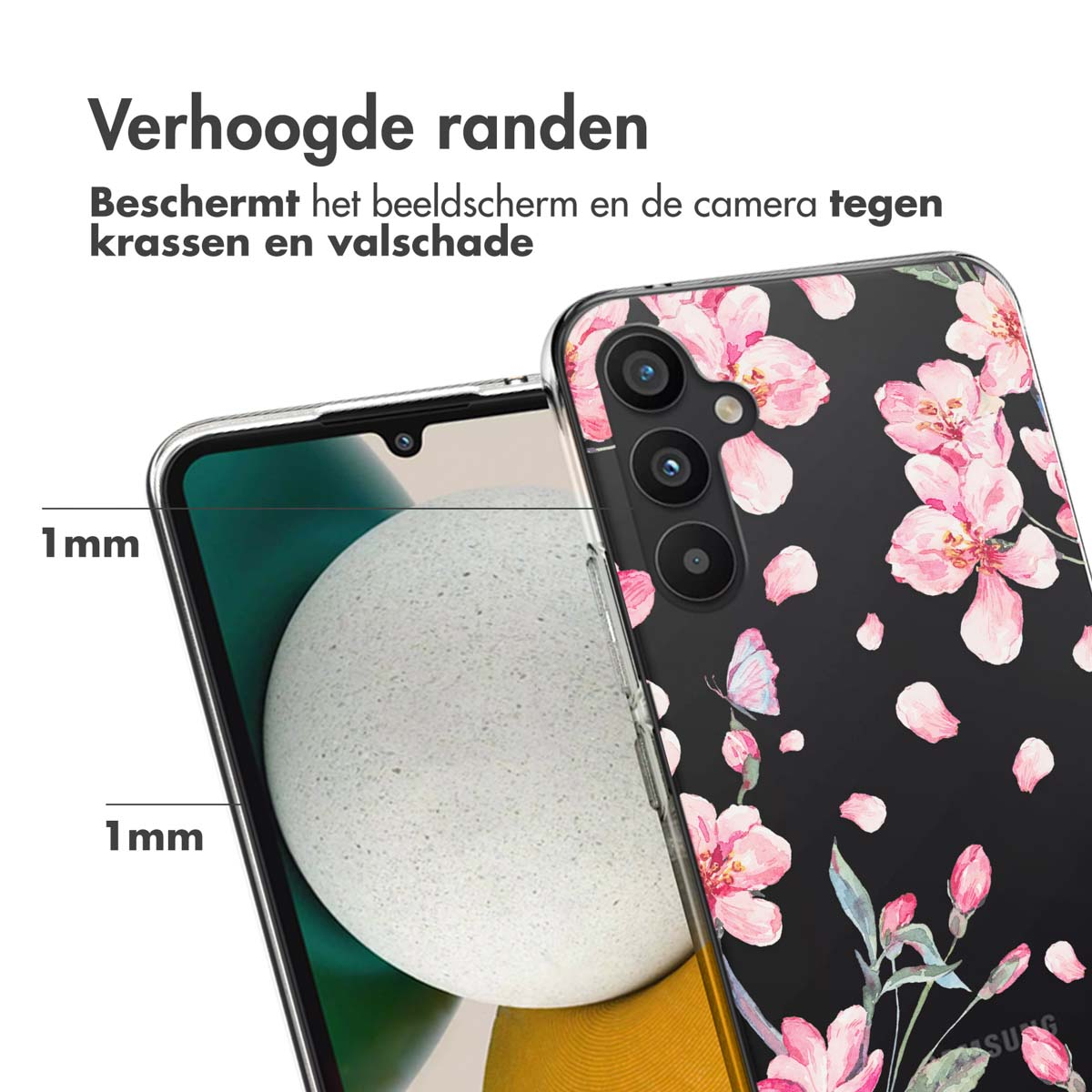 Coque de téléphone avec des fleurs roses sur fond noir. L'étui a des bords surélevés pour protéger l'écran et la caméra.