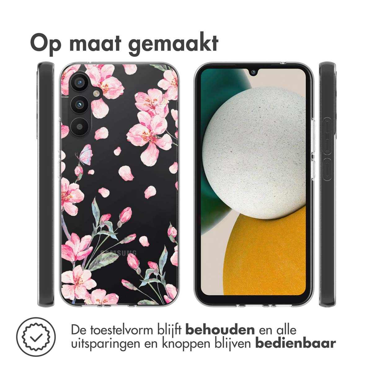 Téléphone noir avec coque florale rose. Pièces de coque supplémentaires. Fond blanc.
