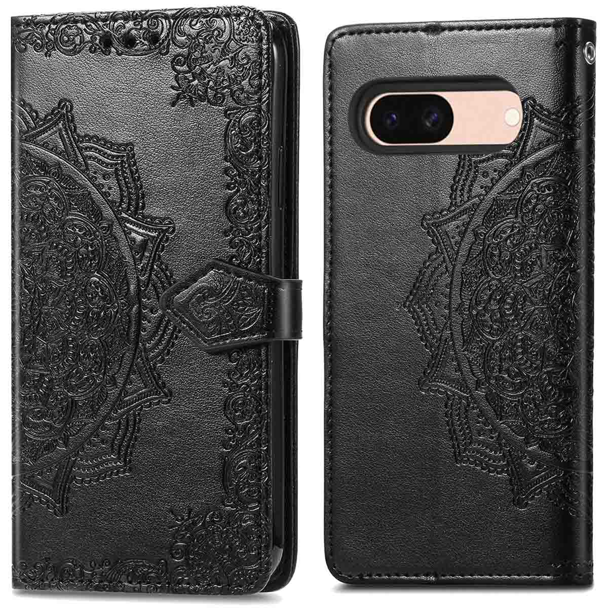 Twee zwarte telefoonhoesjes. Elk hoesje heeft een bloemenreliëf en een sluiting.