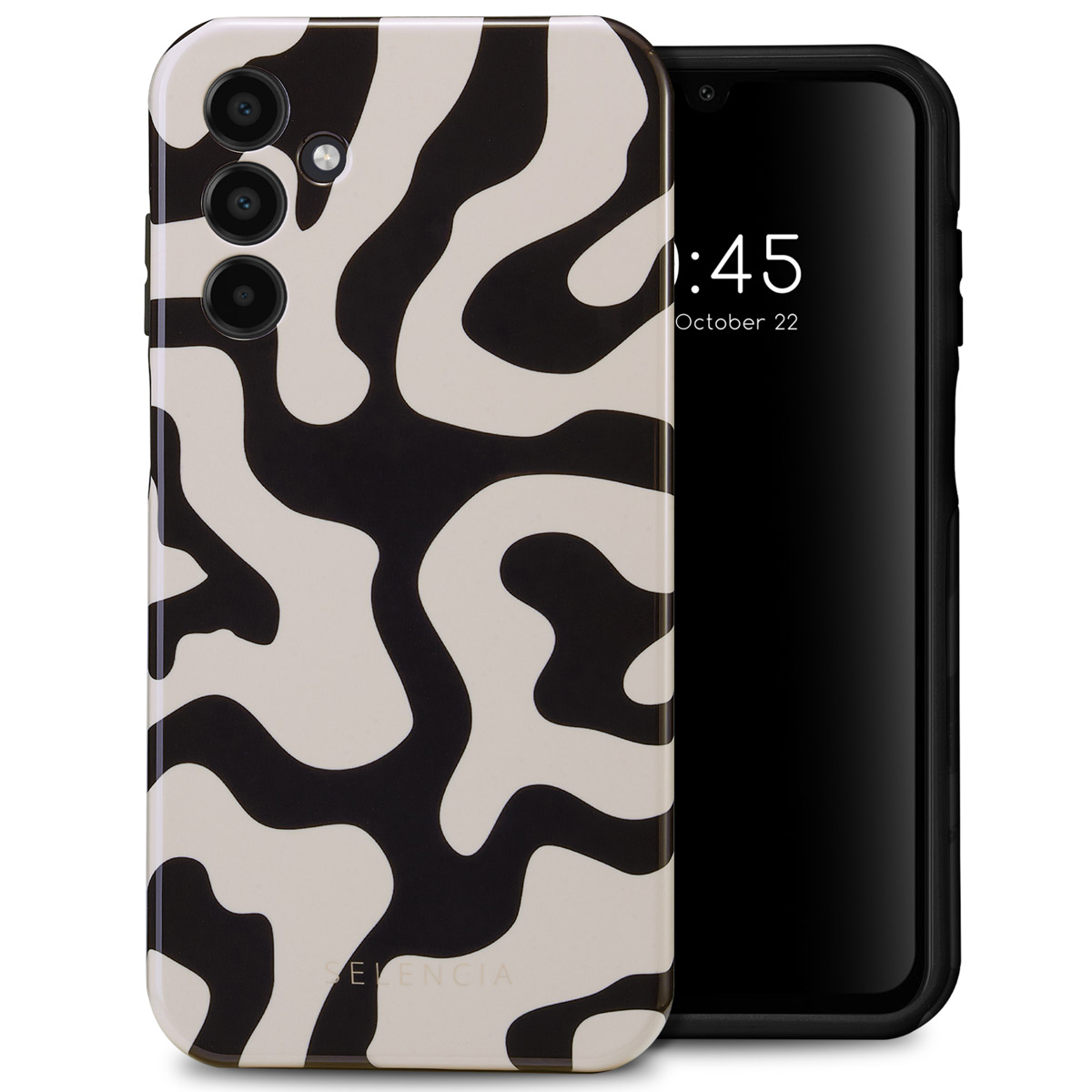 Telefoonhoesje met zwart-wit abstract patroon. Telefoon rechts toont tijd 1:45, 22 okt.