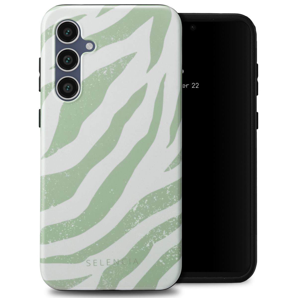Telefoon met een telefoonhoesje met een witte achtergrond en groen zebrapatroon. De telefoon is zwart.