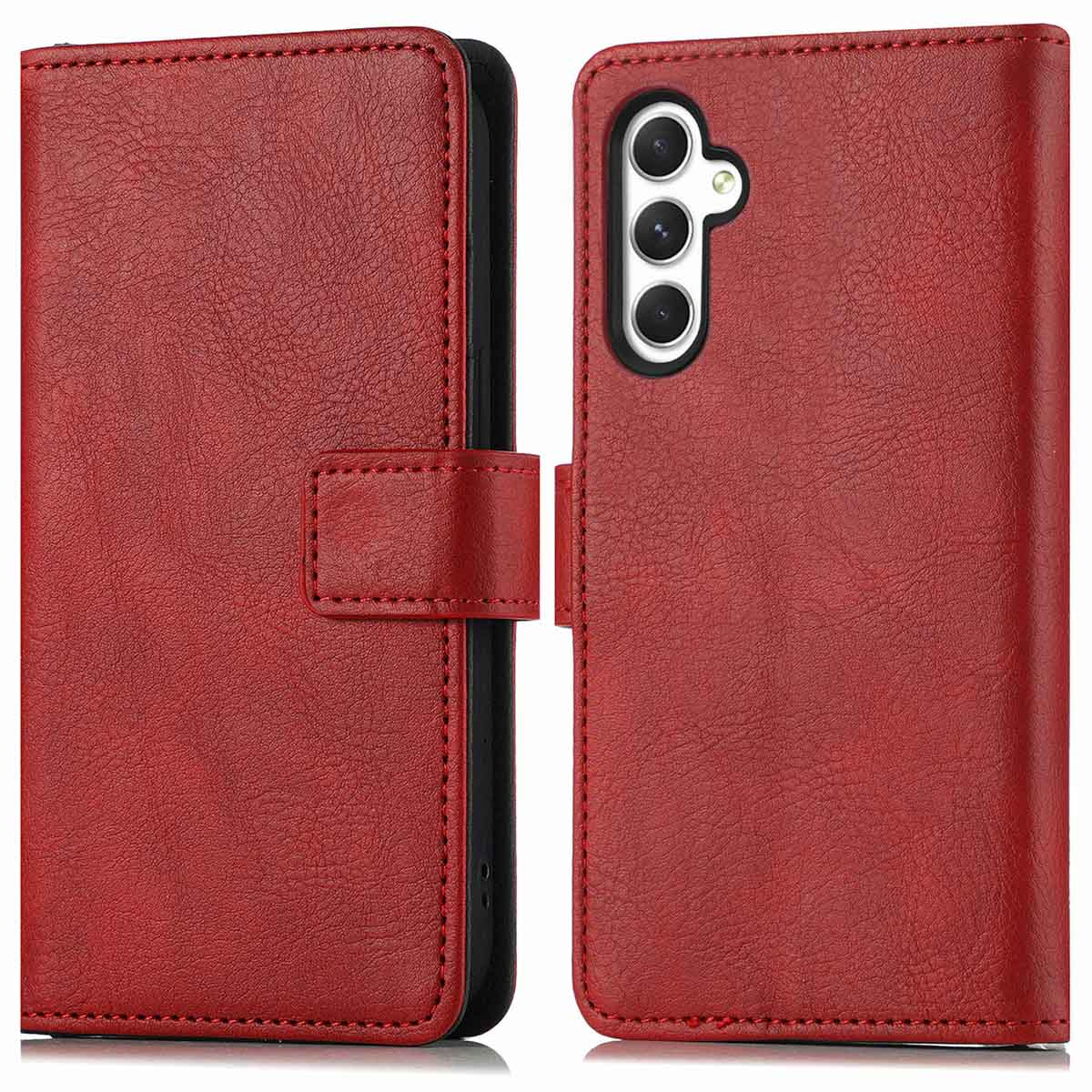 Coque de téléphone en cuir rouge, fermée à gauche, ouverte à droite, montrant un téléphone noir à l'intérieur.