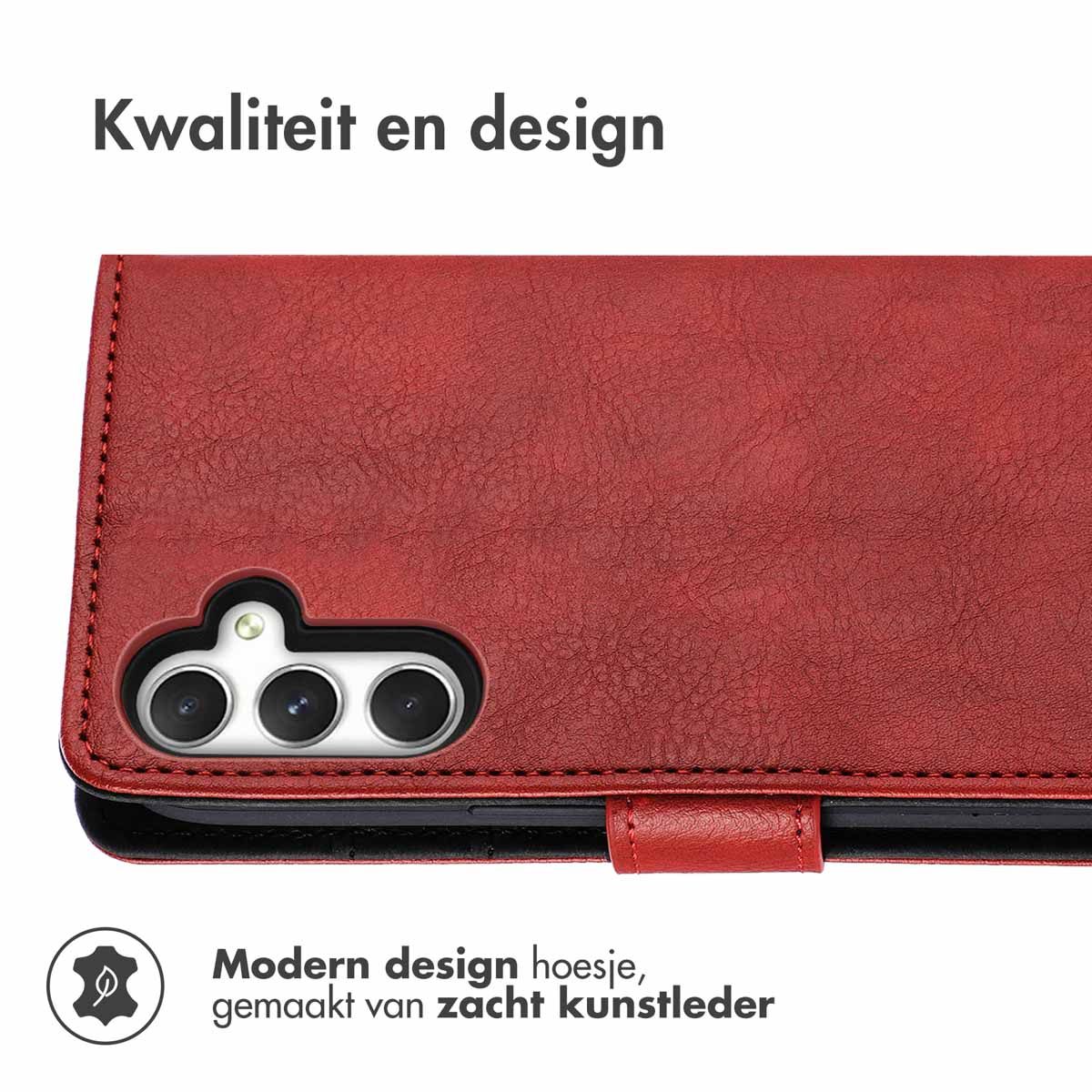 Coque rouge avec un design portefeuille, à côté du téléphone. Trois objectifs visibles.