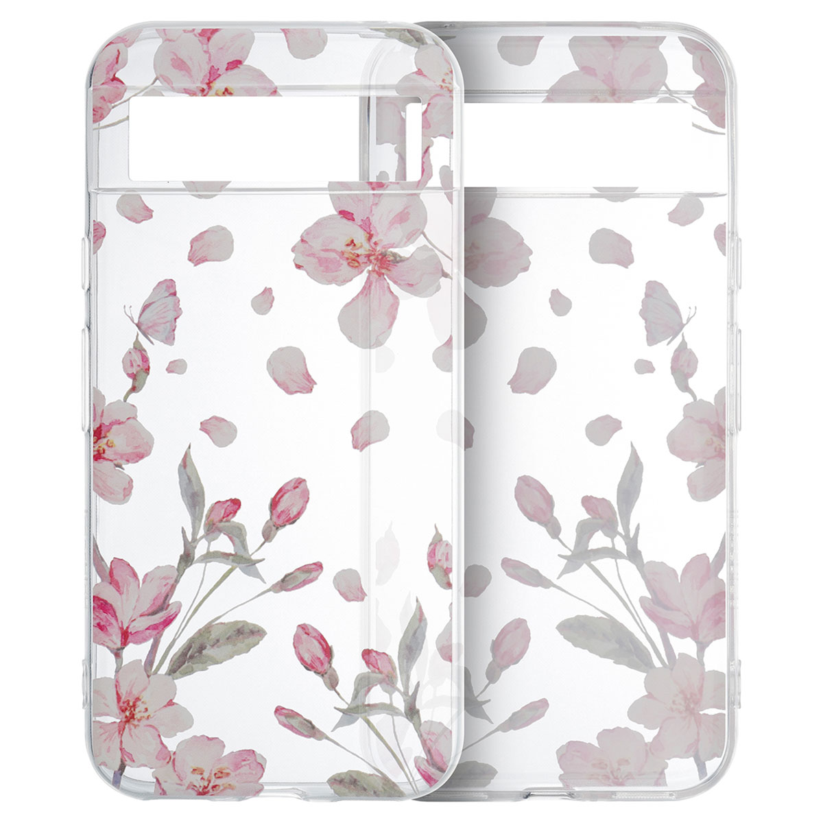 Zwei transparente Handyhüllen mit rosa Blumendesign. Weißer Hintergrund.