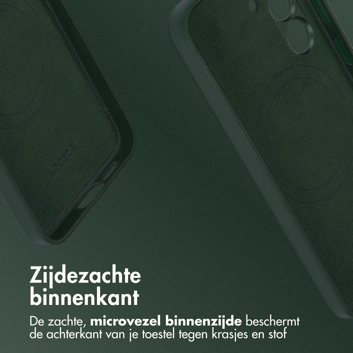 Een groene leren telefoonhoes wordt weergegeven met een zachte microvezelvoering.