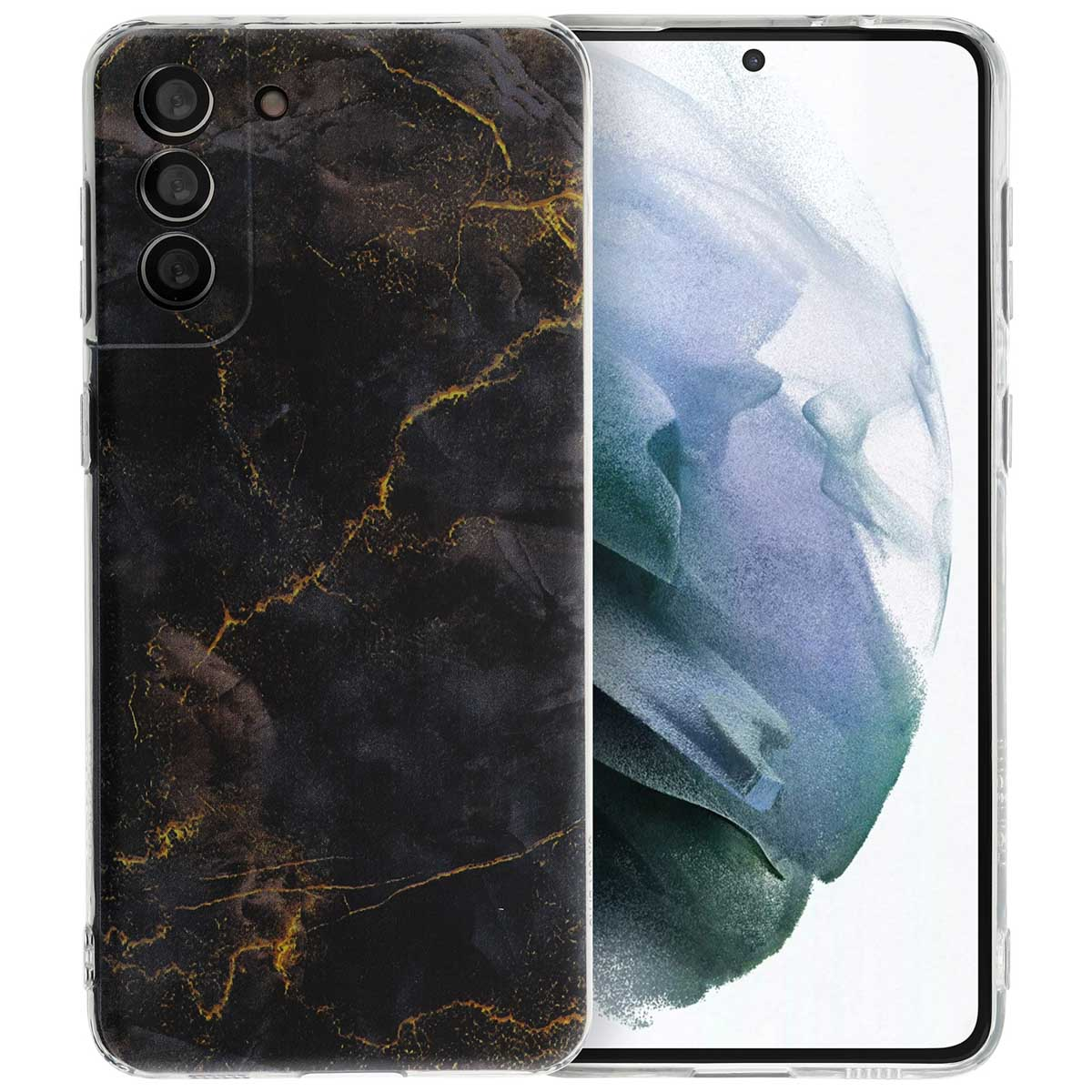 Een telefoon met een zwarte, marmerachtige hoes met gouden aderen. De andere telefoon heeft een leeg scherm.