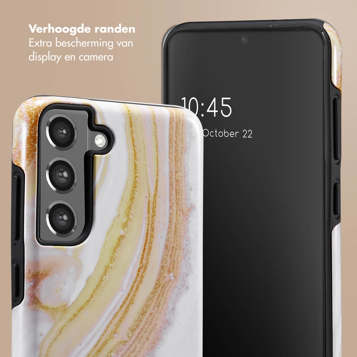 Coque de téléphone avec un design en marbre. Le téléphone est visible. Texte : Bords surélevés, protection supplémentaire pour l'écran et l'appareil photo.