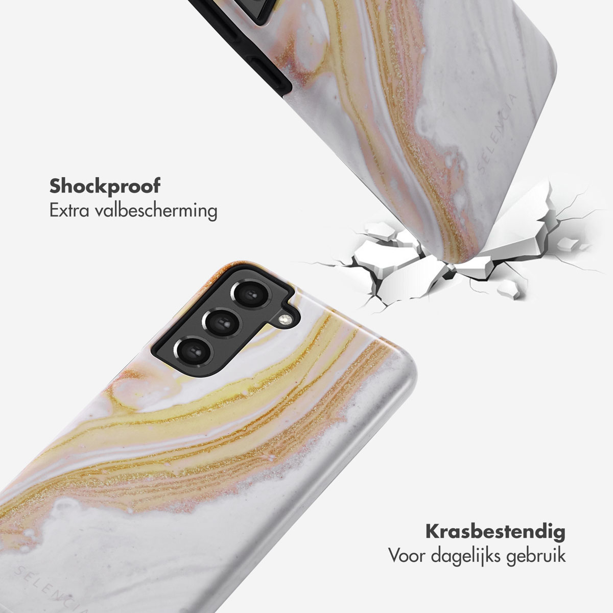 Coque de téléphone en l'air, avec un motif marbré. Texte : Antichoc, résistant aux rayures.