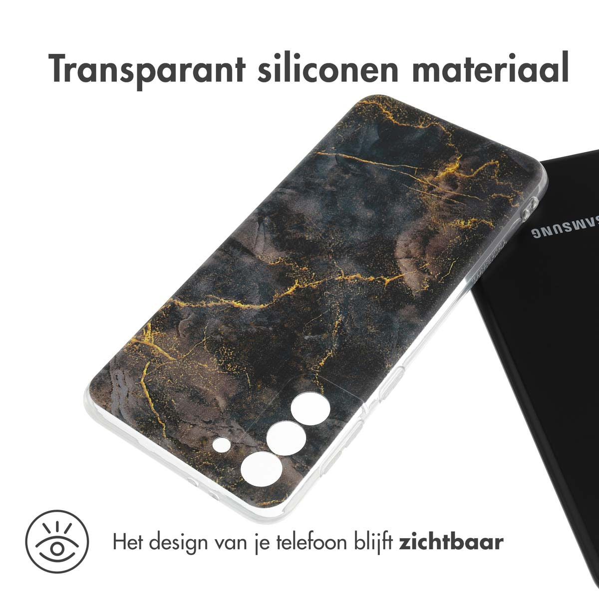 Transparante telefoonhoes met een marmerpatroon en een telefoon.