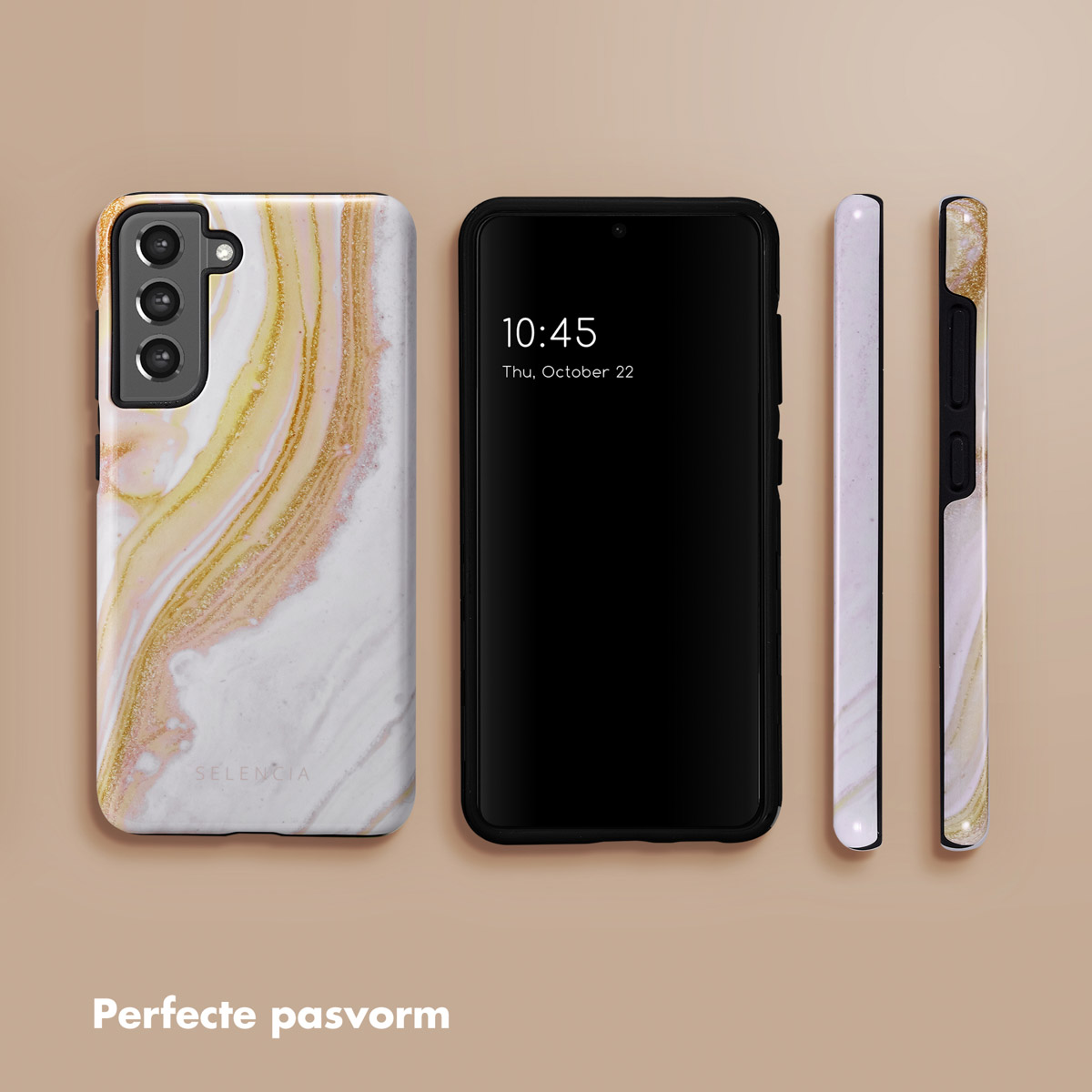 Téléphone dans un étui en marbre, téléphone noir. Fond blanc. Pièces d'étui supplémentaires.