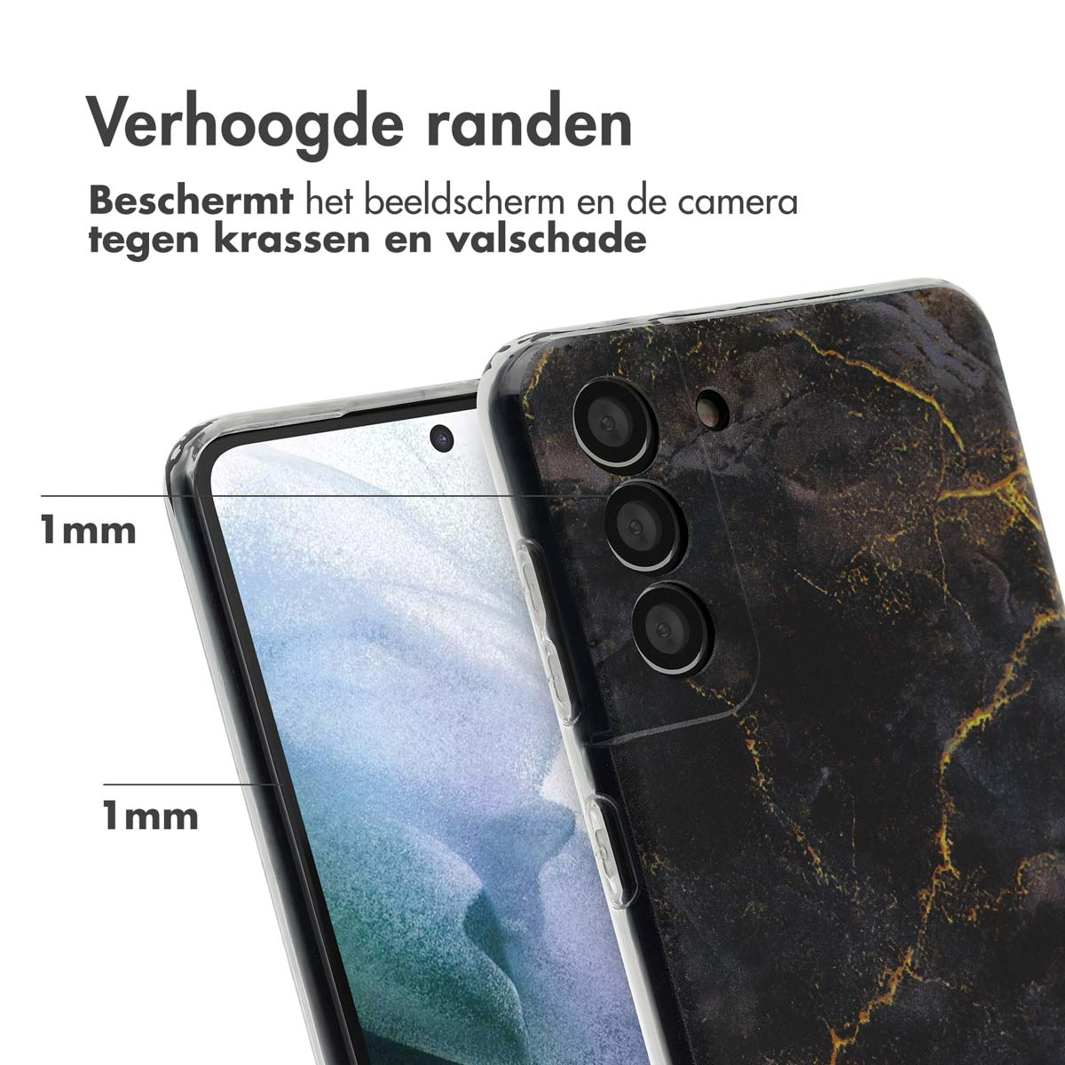 Telefoonhoesje met een zwart marmer design, de rand tonend. De rand is 1 mm hoog.