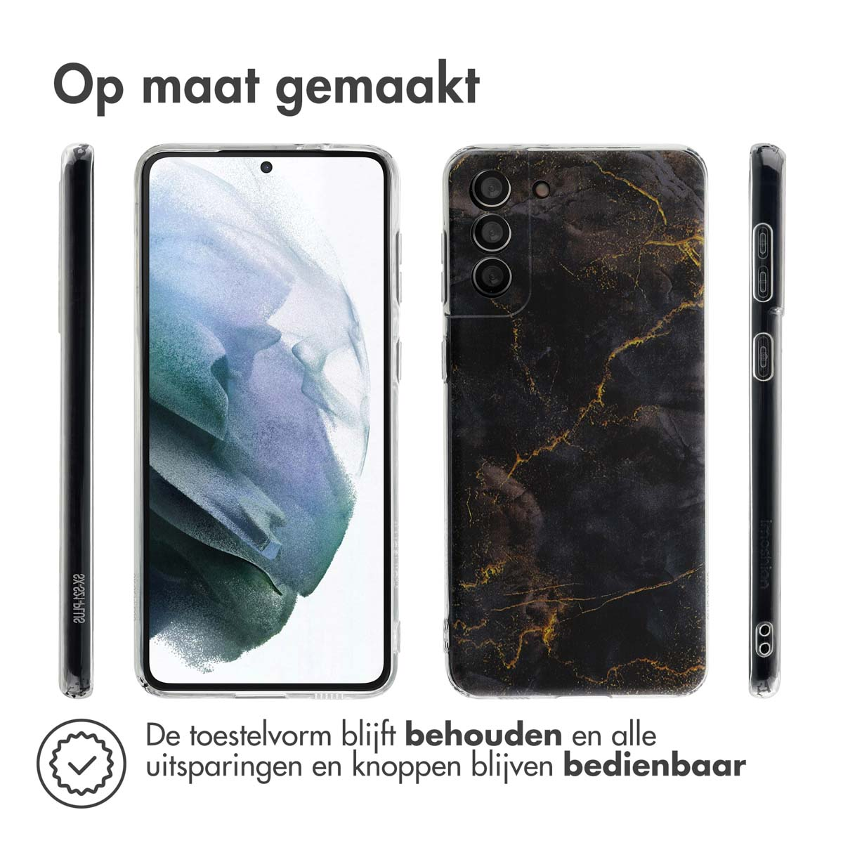 Telefoonhoesjes met een marmerontwerp. Tekst: De vorm van de telefoon blijft behouden en alle uitsparingen blijven bruikbaar.