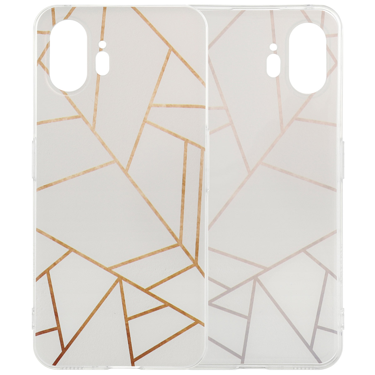 Telefoonhoesjes met een goud geometrisch ontwerp. Transparante hoesjes met gouden lijnen.