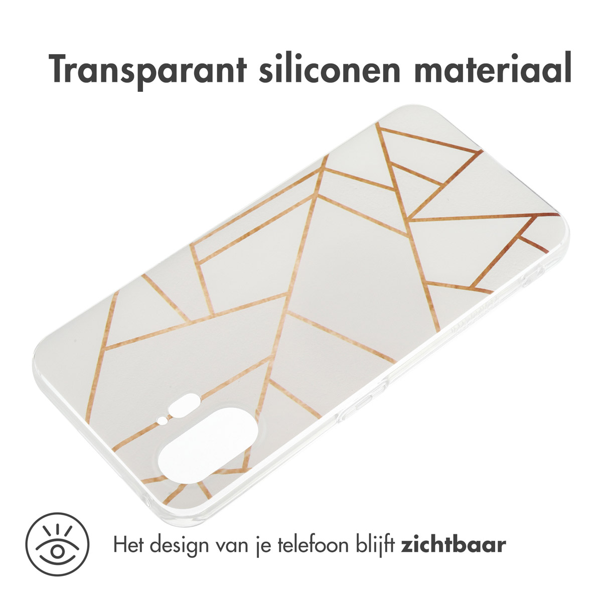 Transparante telefoonhoes met een gouden geometrisch patroon. Het ontwerp van de telefoon blijft zichtbaar.