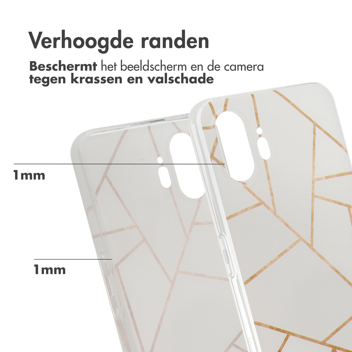 Telefoonhoesje met wit geometrisch patroon en verhoogde randen voor schermbescherming.