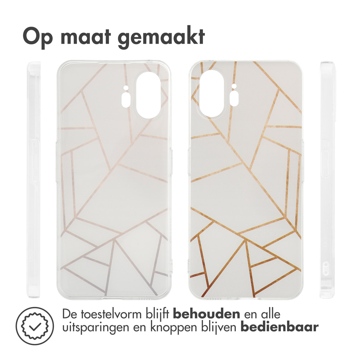 Twee telefoonhoesjes met geometrisch ontwerp en twee kanten van de telefoon. Alle kanten zijn zichtbaar.