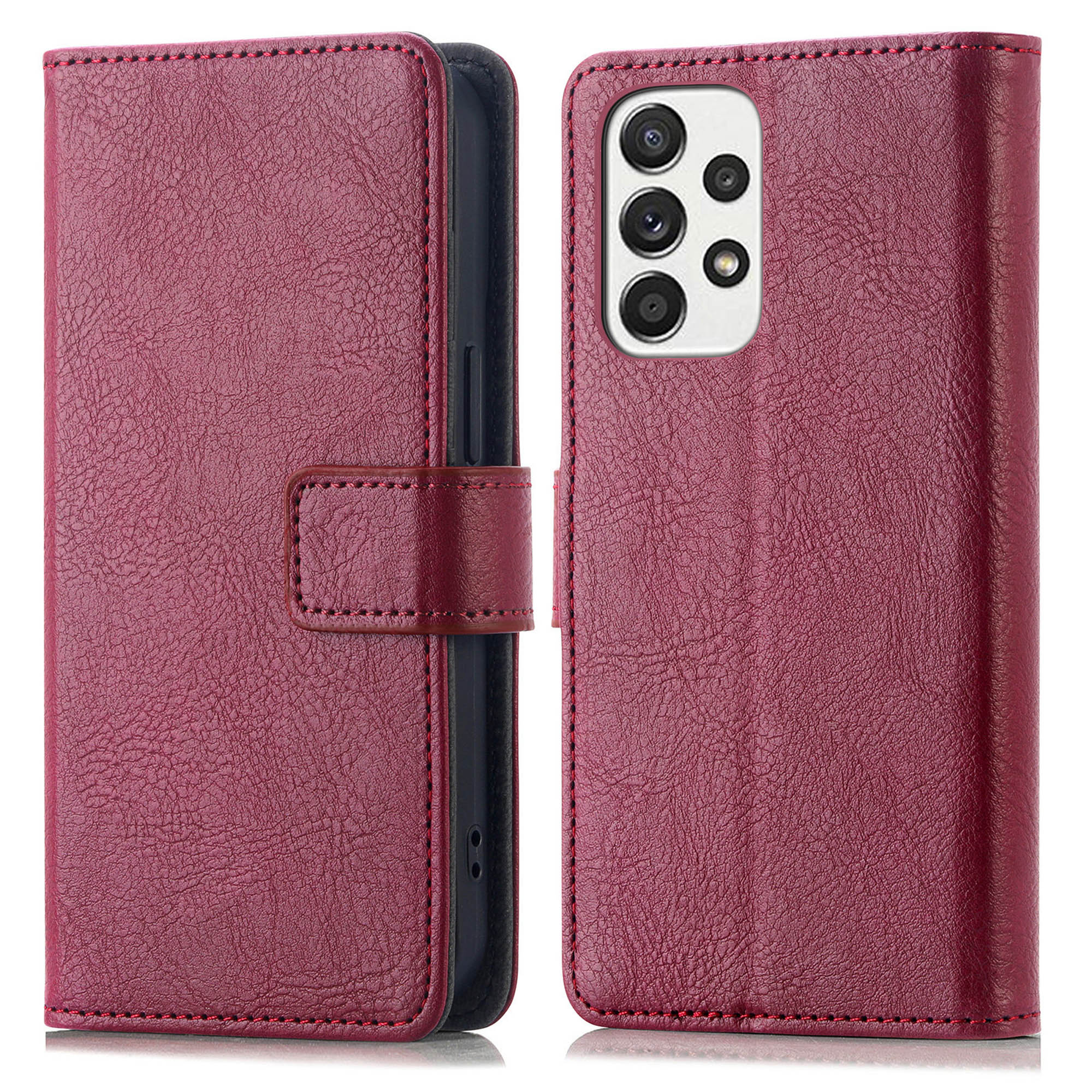 Bordeaux leren telefoonhoesje, open. Toont de camera-array van de telefoon. De case heeft een magnetische sluiting.
