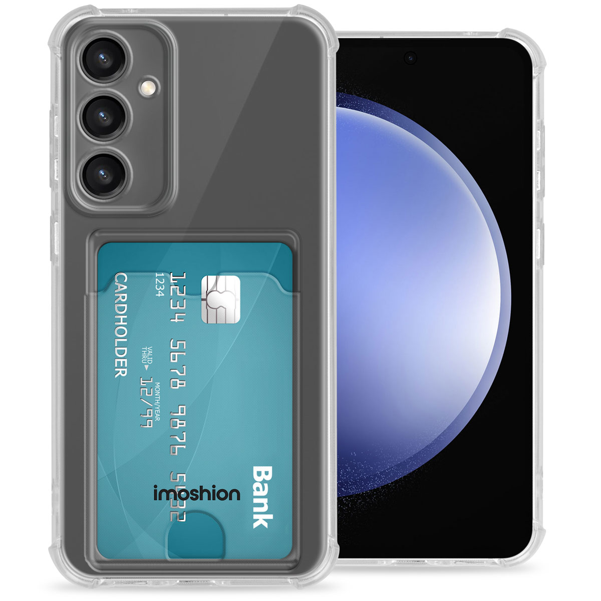 Custodia trasparente per telefono con carta di credito in uno slot.