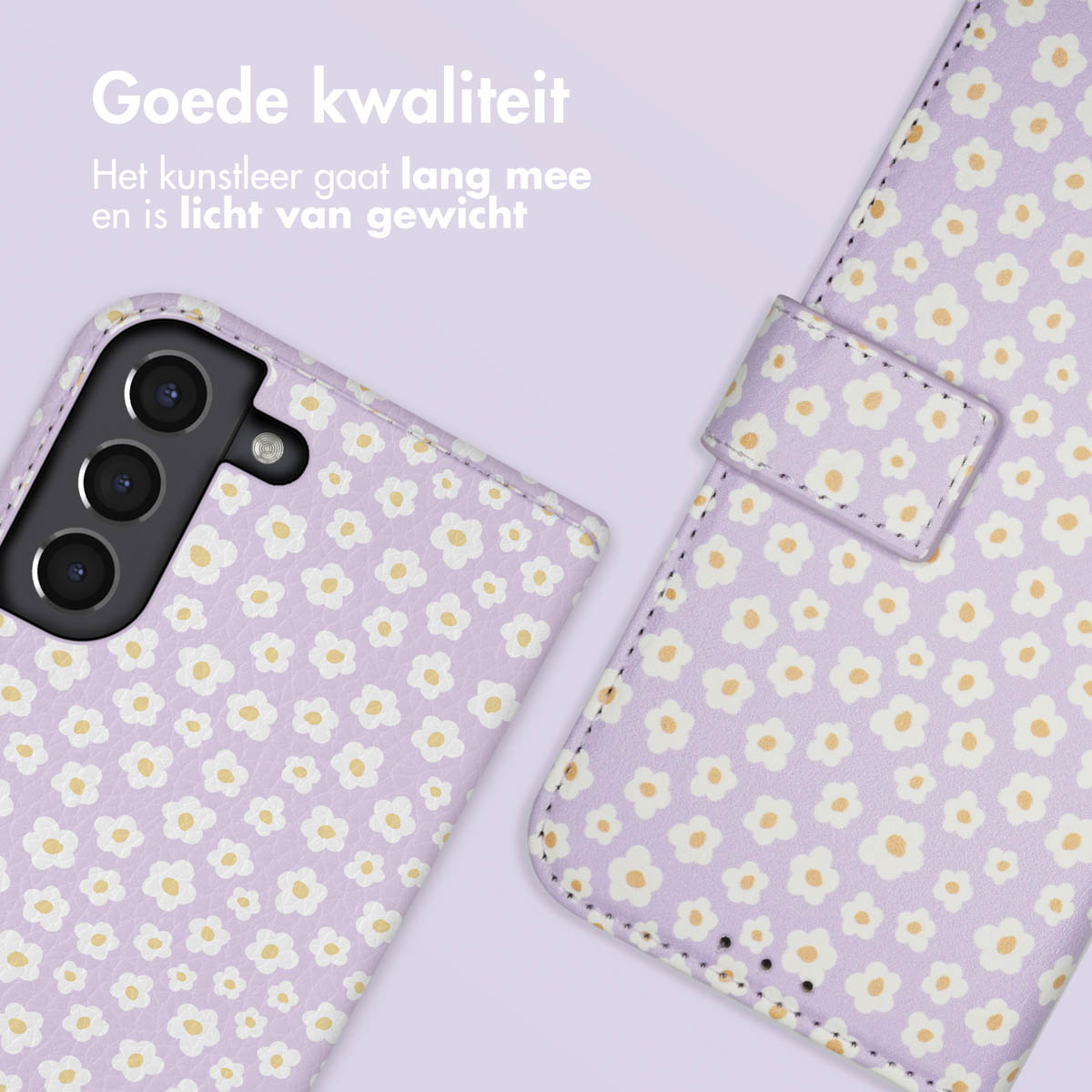 Lila telefoonhoesje. Wit madeliefjespatroon. Open en dicht.