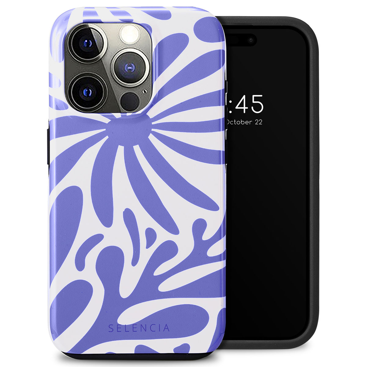 Coque de téléphone avec un fond blanc et un design de fleurs bleues, avec un téléphone à l'intérieur.