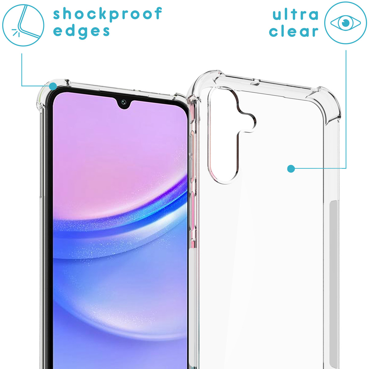 Une coque de téléphone transparente, avec un téléphone à l'intérieur. La coque a des bords antichoc.