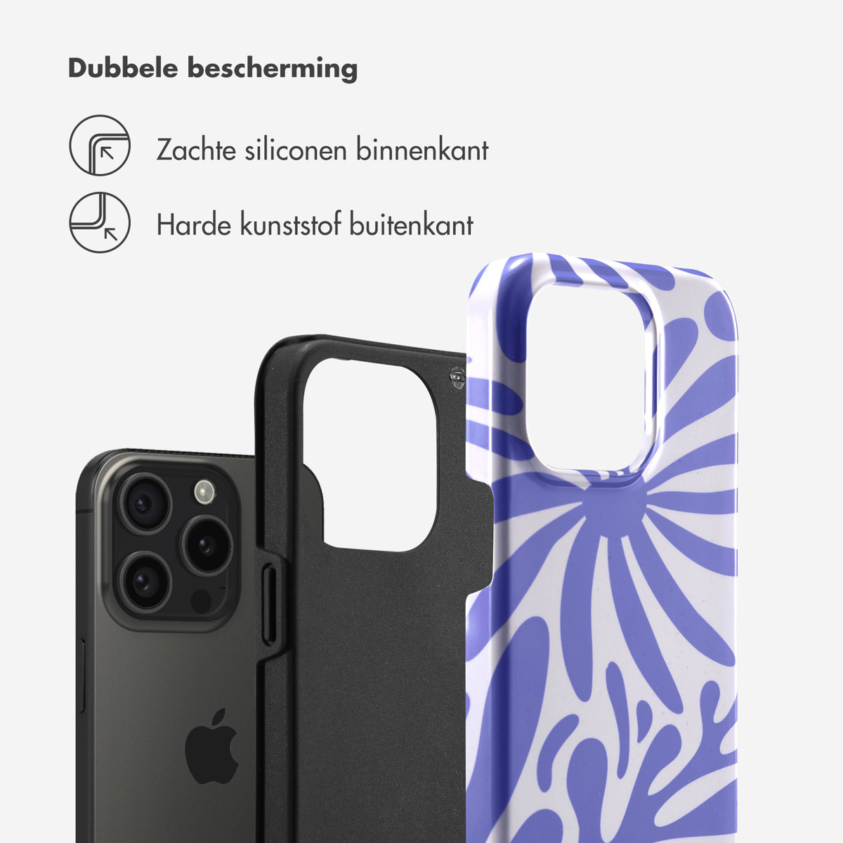 Composants du téléphone : téléphone, intérieur de l'étui noir et extérieur de l'étui blanc/bleu.