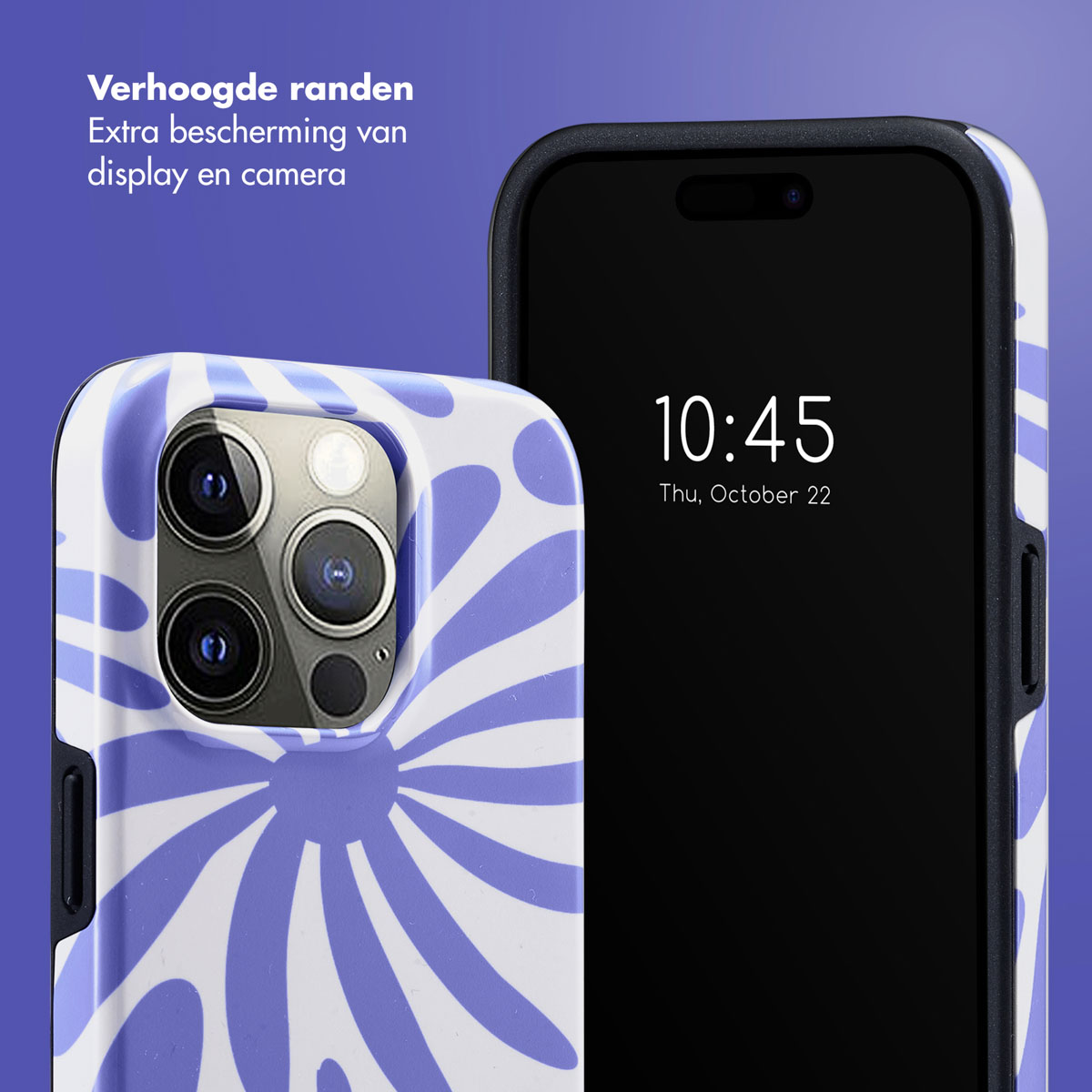 Téléphone avec une coque avec un motif de fleur tourbillonnante bleue et des bords surélevés.